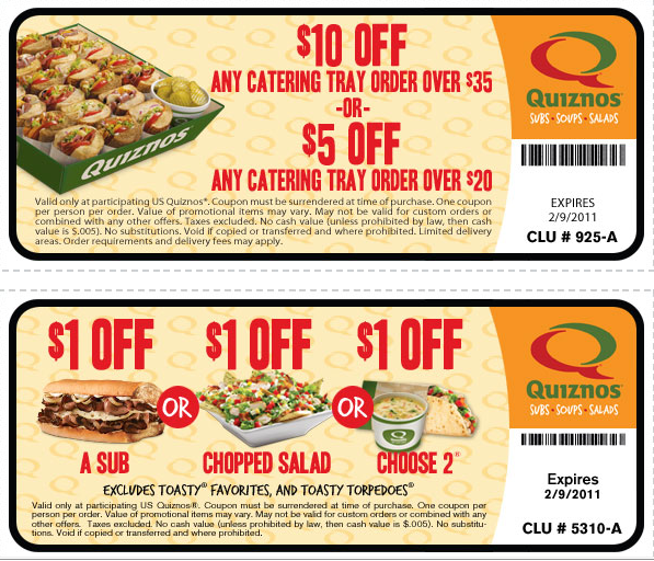Quiznos Coupons 1/1 Sub, Chopped Salad, 10 or 5 Off Catering Tray